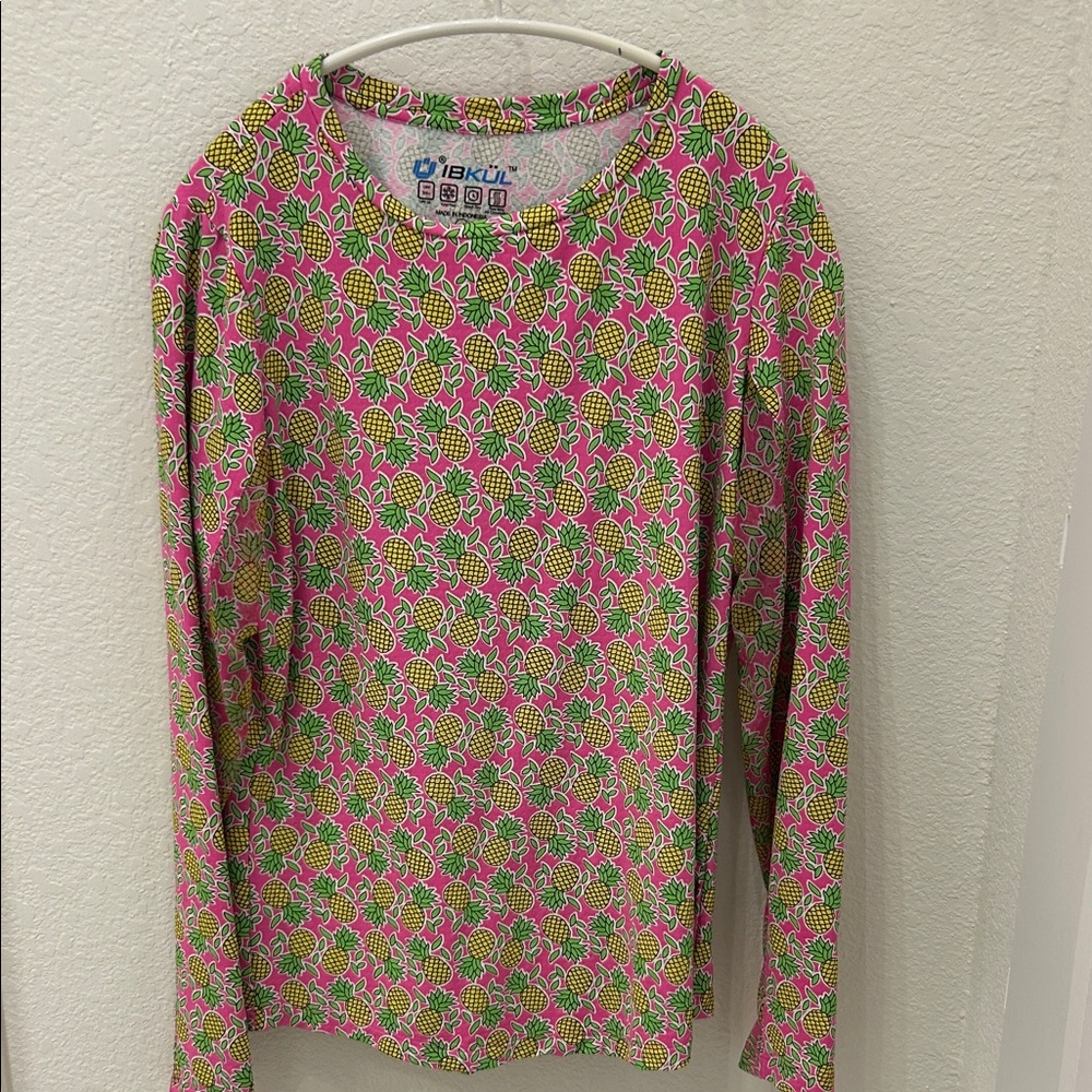 IBKUL Women’s Pink and Yellow Pineapple Print Long Sleeve Rash Guard